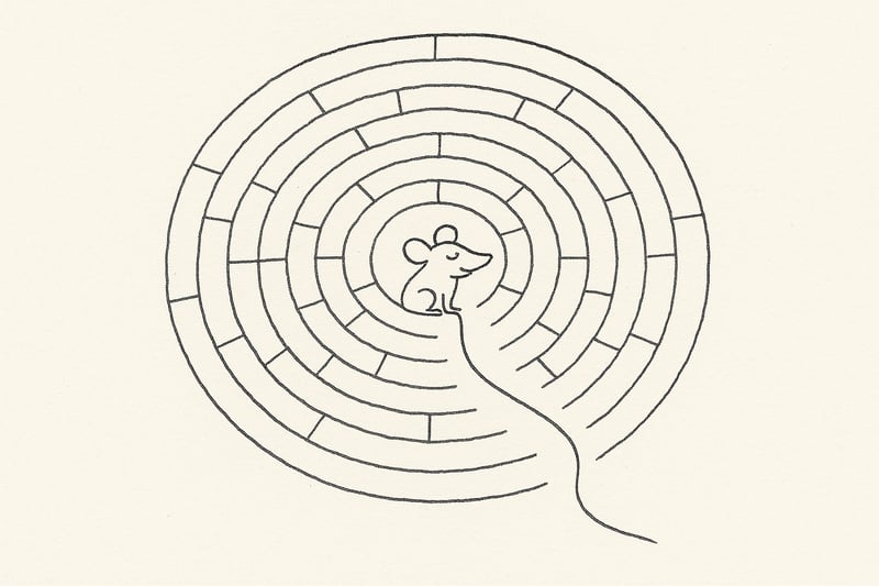 Roue minimaliste au centre d’un labyrinthe qui s’ouvre en un seul chemin, exprimant le soulagement et l’esprit espiègle d’une décision enfin assumée.